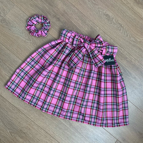 JERRY Pink Tartan Skirt with Belt & Scrunchie