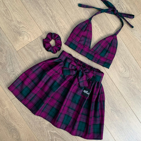 HAYLEY Purple/Green Tartan Bow Back Bra & Skirt with Belt Set