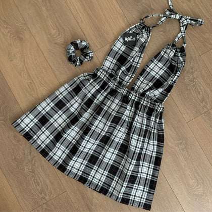 SOPHIE White/Black Tartan Deep V Backless Dress