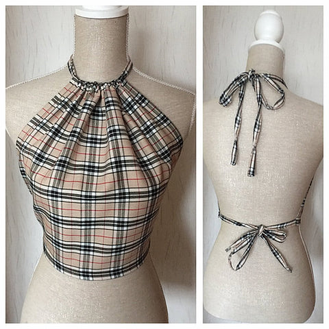 ELIZA Cream Tartan Backless Halter