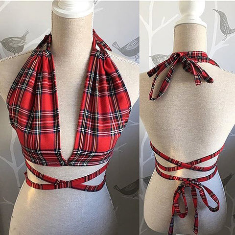 APRIL Red Tartan Backless Wrap Strap Bra Halter