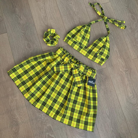 DANIELLE Yellow Tartan Bow Back Bra & Belted Skirt Set