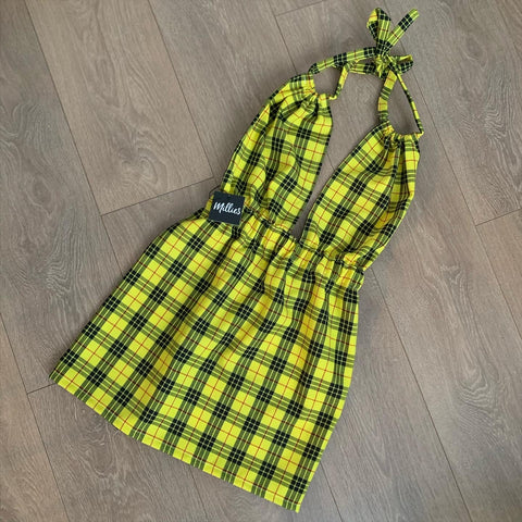 DANIELLE Yellow Tartan Deep V Backless Dress