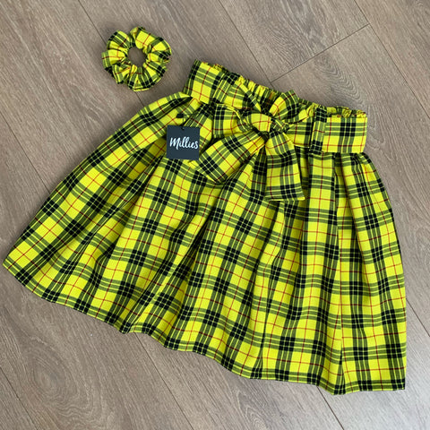 DANIELLE Yellow Tartan Skirt with Belt & Scrunchie