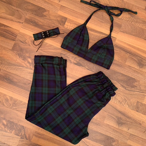 ROWAN Green/Navy Tartan Bow Back Bra & Trousers Set