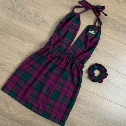 HAYLEY Purple/Green Tartan Deep V Backless Dress