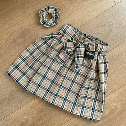 ELIZA Cream Tartan Skirt with Belt & Scrunchie