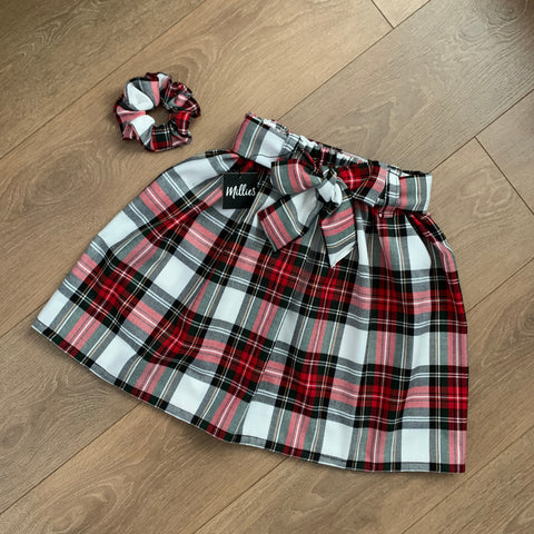 HOLLY Red/White Tartan Skirt with Belt & Scrunchie