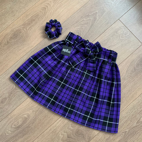 VIOLET Purple Tartan Skirt with Belt & Scrunchie