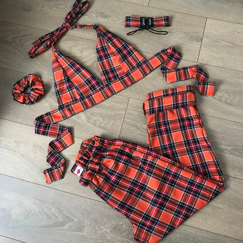 CIARA Orange Tartan Bow Back Bra & Trousers Set