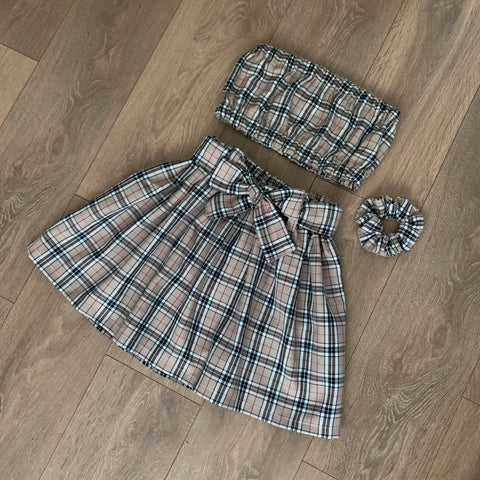 ELIZA Cream Tartan Bandeau & Belted Skirt Set