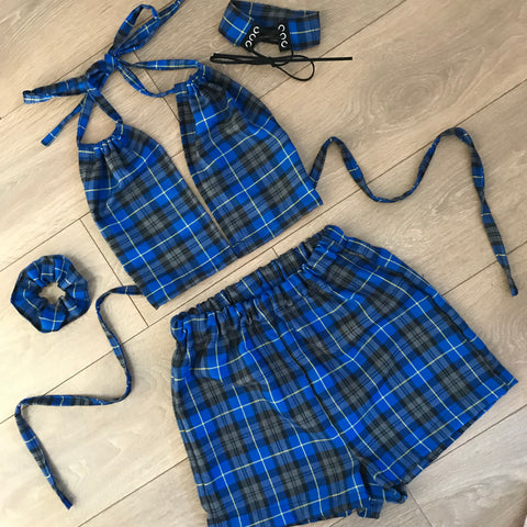 WILLOW Blue Tartan Bra Halter & Shorts Set