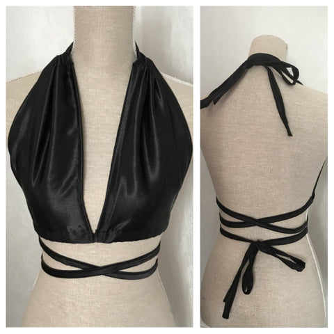 RAVEN Black Satin Wrap Strap Backless Bra Halter