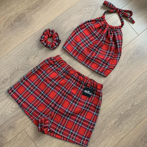 APRIL Red Tartan Full Backless Halter & Shorts Set