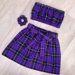 VIOLET Tartan Bandeau & Skirt with Belt & Scrunchie Set