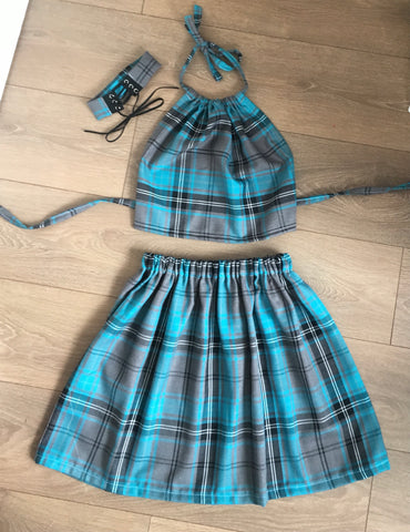 ELSIE Grey/Blue Full Backless Halter & Skirt Set