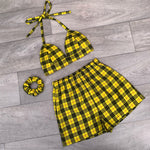 DANIELLE Yellow Tartan Bow Back Bra & Shorts Set