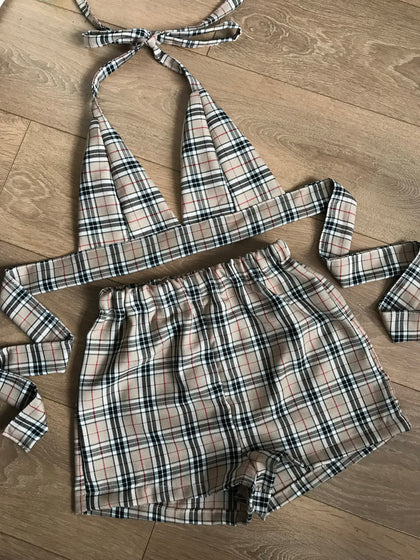 ELIZA Cream Tartan Bow Back Bra & Shorts Set