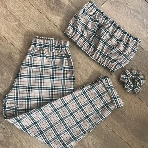 ELIZA Cream Tartan Bandeau & Trousers Set