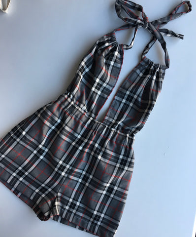 LILIANNA Grey Tartan Backless Playsuit