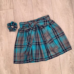 ELSIE Blue/Grey Tartan Skirt with Belt & Scrunchie