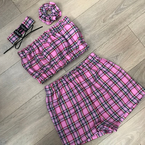 JERRY Pink Tartan Bandeau & Shorts Set